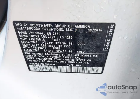 2019 Volkswagen Atlas 2.0T S из США, поврежденный, VIN 1V2AP2CAXKC580566